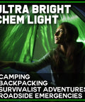Person camping with Ultra Bright Green Glow Sticks Emergency Chem Lights 6 Inch 25 Pack Military Grade 12 Hour Bulk Tactical Light Sticks