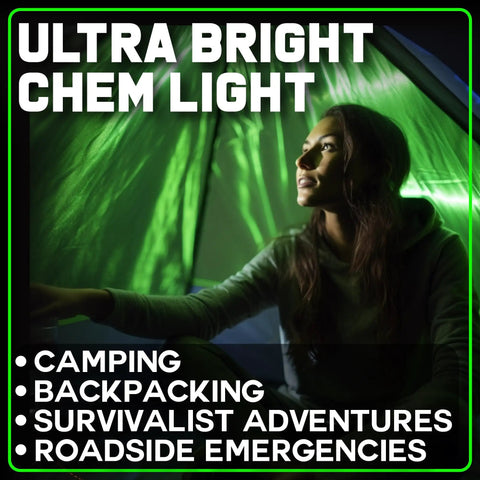 Person camping with Ultra Bright Green Glow Sticks Emergency Chem Lights 6 Inch 25 Pack Military Grade 12 Hour Bulk Tactical Light Sticks