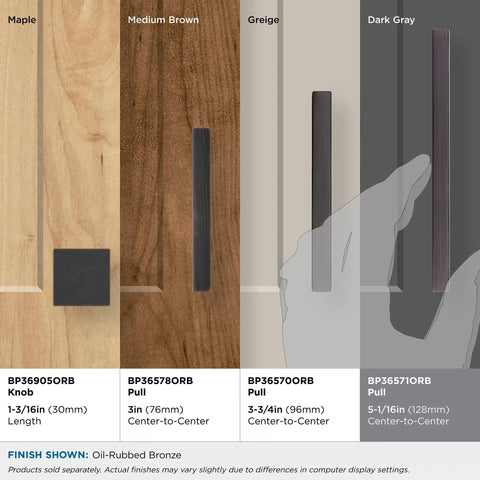 Oil Rubbed Bronze Cabinet Pull Monument Collection 5-1/16 Inch Center-To-Center, finish comparison on various wood colors