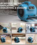 Heavy Duty Air Mover And Floor Drying Fan With Three Speed Controls And Five Angle Adjustments Built Like A Tank To Beat The Clock On Carpet Restoration Projects While Pumping Out A Massive Four Thousand CFM High Velocity Blast Straight Up Guaranteed in various settings.