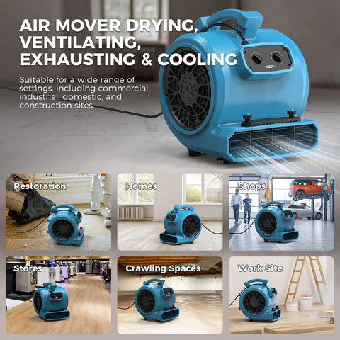 Heavy Duty Air Mover And Floor Drying Fan With Three Speed Controls And Five Angle Adjustments Built Like A Tank To Beat The Clock On Carpet Restoration Projects While Pumping Out A Massive Four Thousand CFM High Velocity Blast Straight Up Guaranteed in various settings.
