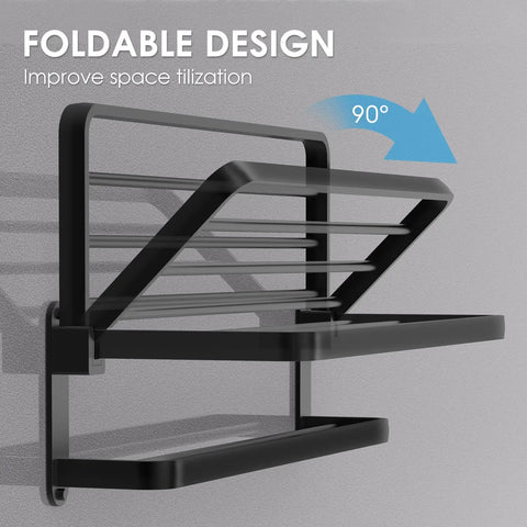 Matte Black 20 Inch Towel Rack With Shelf And Dual Towel Bars Dope Space Saving Bathroom Organizer With Foldable 90 Degree Design