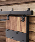 Close-up of the Exterior Sliding Barn Door Hardware Kit With Box Rail Track 8 Foot Length 450 Pound Capacity in use.
