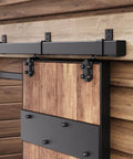 Exterior Sliding Barn Door Hardware Kit With Box Rail Track Beefed Up 450Lb Capacity Black Weather Resistant Steel Wall Mount System For Outdoor Use Fits Single 72 Inch Door Heavy Duty Outdoor Barn Door Track System installed on wooden wall