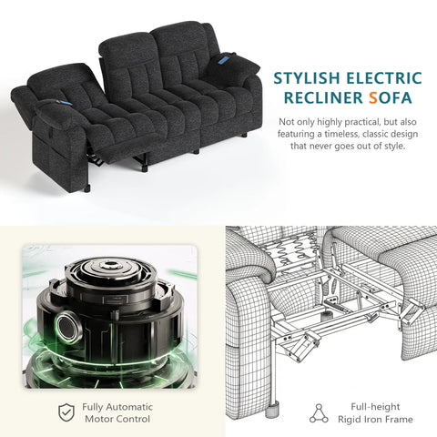 Electric Recliner Sofa Couch With Power Recline, 3 Seater Loveseat In Plush Chenille, Adjustable Backrest Home Theater Setup