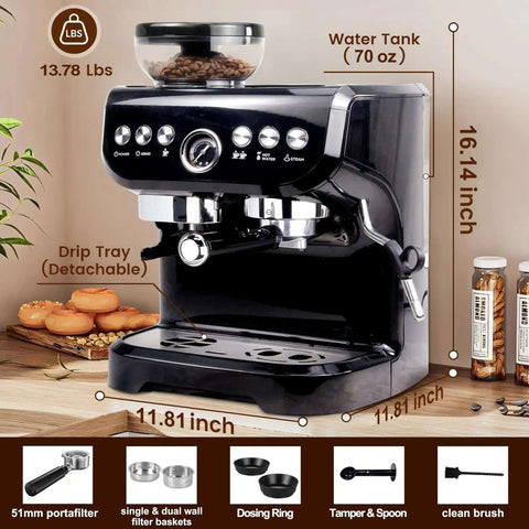 All-In-One Espresso Machine With 15 Bar Pressure, Built-In Bean Grinder, Milk Frother And Steam Wand, black design, kitchen setting
