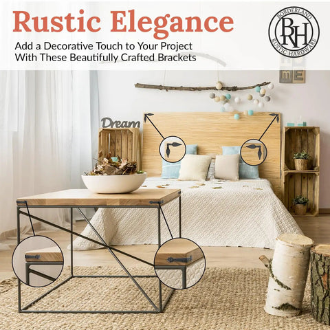 Four Pack 6 Inch Metal Corner Brackets Furniture Reinforcement Hardware Matte Black Rustic Decorative Steel Brace Built Like A Tank For Woodworking Repairs And DIY Fixes showcased on a rustic tabletop with decorative elements.