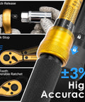 Close-up of 3/8 inch torque wrench with 72-tooth ratchet and quick-release feature from Three Eighth Inch Drive Torque Wrench Set.