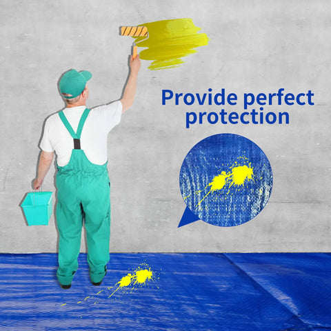 Heavy Duty 20x30 Ft Blue Tarp, 5 Mil Waterproof And UV Resistant, Multipurpose Outdoor Cover laid out, protecting from paint spills