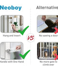 Infographic comparing Neoboy Adjustable Cat Door Latch with Stabilizer Blocks to alternatives, showcasing functionality.