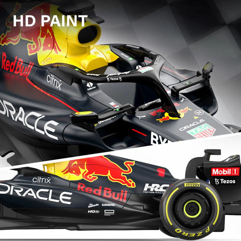 Licensed Red Bull F1 RB18 One Eighteen Scale Remote Control Car with realistic detail and high gloss paint close-up view.