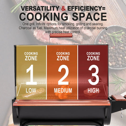 Front view of 30 Barrel Charcoal Grill With Wood Painted Side Front Table And 627 Sq In Cooking Space, showing cooking zones.