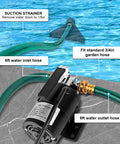 Water Transfer Pump 115V One Tenth HP Electric Utility Pump With On Off Switch Includes Two Six Foot Hoses Near Pool