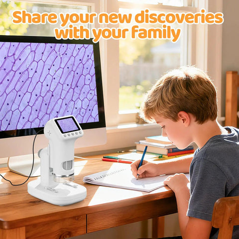 Kids Microscope With 1600X Magnification And Totally Rad 2 Inch Screen Slides Kit Included Kid Friendly Educational Science Toy For Toddlers And Students Aged 3 To 14 Ideal Christmas Or Birthday Gift on desk beside child using it