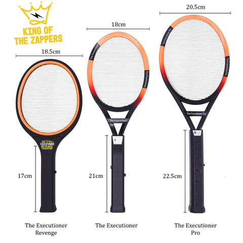 Comparison of three electric bug zapper rackets showing sizes, including 55cm Long Fly Killer Mosquito Zapper Racket For Indoor Outdoor Use