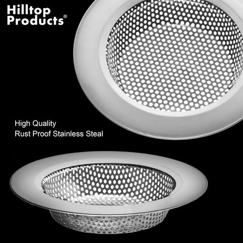 Stainless steel kitchen sink drain strainer with perforated 4.5 inch top, highlighting the Two Pack Kitchen Sink Drain Strainers With 4.5 Inch Top And 3 Inch Basket, Large Stainless Steel Food Catcher, Heavy Duty, Rust Resistant, Fits US Standard Sinks, Reclosable Packaging.