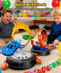 Boys racing cars on Transformable Tire Race Track Set For Kids 3 To 8 With Portable Handle Double Track Course 360 Degree Loops