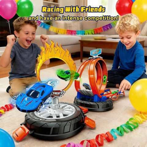 Boys racing cars on Transformable Tire Race Track Set For Kids 3 To 8 With Portable Handle Double Track Course 360 Degree Loops