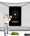 Man using Heavy Duty 10x7 Ft Golf Practice Net Kit With Backyard Driving Range Setup Real Golf Balls Mat Target Cloth