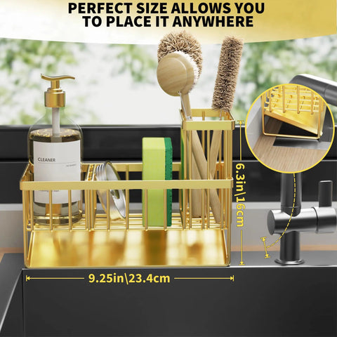 Gold Stainless Steel Kitchen Sink Caddy Organizer With Auto Drain Sponge Holder And Brush Stand Rustproof Countertop Soap Dispenser Rack 9.25x6.3 inches.