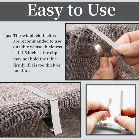 Close-up of stainless steel tablecloth clip being attached to a fabric tablecloth in instructional steps, demonstrating secure fit.