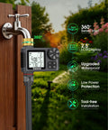 Water Timer For Garden Hose With Brass Inlet And One Outlet, LCD Display, showing features and installation on a faucet.