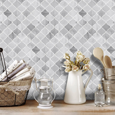 Arabesque Peel And Stick Tiles For Kitchen Backsplash In Marble Gray, 12 By 12 Inch, 10 Sheets, Thick 3D Self Adhesive Wall Tiles
