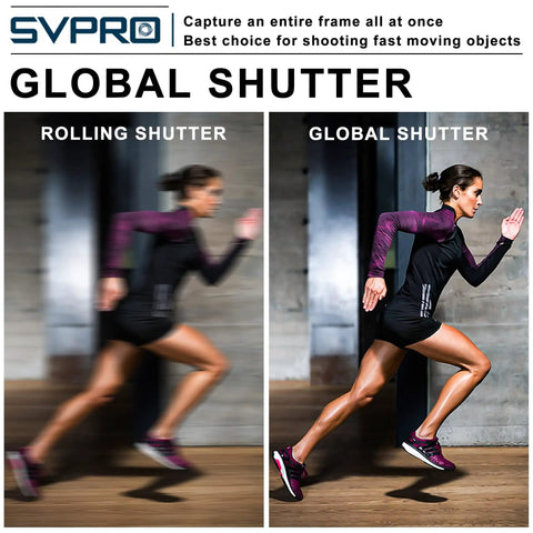 Comparison of rolling shutter vs global shutter capturing a runner, demonstrating motion clarity with global shutter.