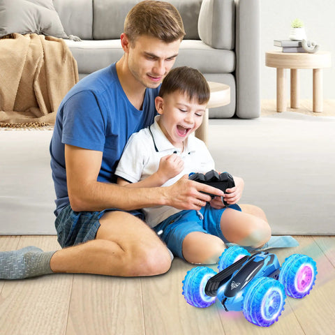 High Speed 2.4GHz Remote Control Stunt Car Beast Mode With Dual Sided 360 Degree Flips Rotating Wheels LED Headlights in living room