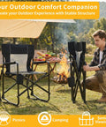 Man folding a portable folding rocking chair for adults with breathable mesh back in camp setting, focus on chair usability