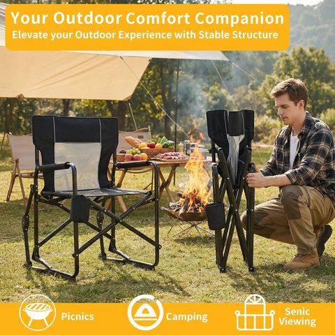 Man folding a portable folding rocking chair for adults with breathable mesh back in camp setting, focus on chair usability