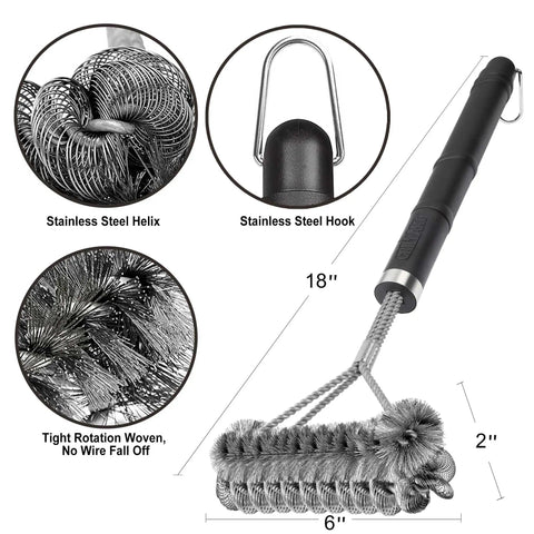 Wire And Helix 2 In 1 Grill Brush with stainless steel helix, hook, 18-inch handle, shown with close-up details.