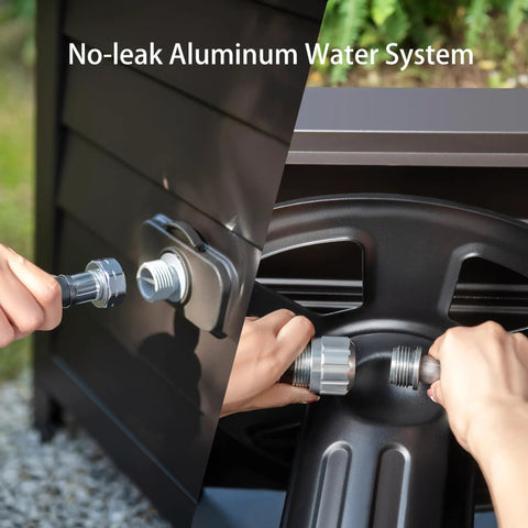 Hands connecting no-leak aluminum water hoses on Heavy Duty Metal Garden Hose Reel Deck Box With Durable Steel Storage Cabinet.