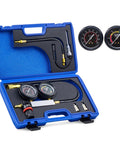 Orion Motor Tech cylinder leak-down tester kit in blue hard case with dual gauges and hoses.