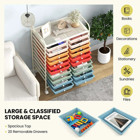 Overhead view of a 20 Drawer Rolling Cart For Easy Grab And Go Mobile Storage And Classroom Organization Ideal For Office And School Supplies.