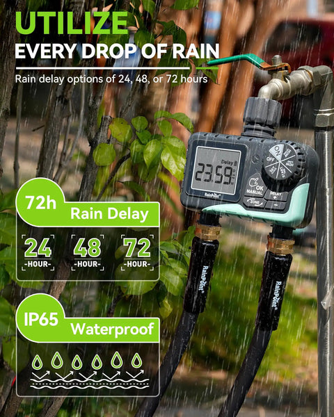 Two Zone Garden Hose Water Timer With Rain Delay And Manual Watering, Automatic Irrigation For Yard Or Lawn Sprinklers, IP65 Waterproof