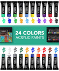 Complete Acrylic Paint Set For Newbies And Pros With 24 Vivid Colors showcasing tubes and painted swatches of each color.
