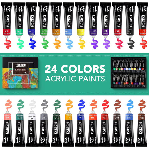 Complete Acrylic Paint Set For Newbies And Pros With 24 Vivid Colors showcasing tubes and painted swatches of each color.