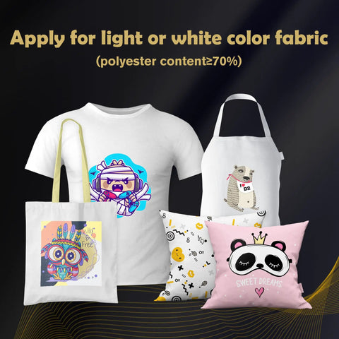 Budget Friendly Sublimation Paper 8.5x14 Inches, 200 Sheets with Silicone Paper used on light colored polyester fabric items.