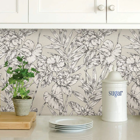 Grey Cayman Peel And Stick Wallpaper With Tropical Botanical Design Neutral Removable Self Adhesive Wall Covering For Renters Easy Install And Repositioning No Residue Dope Look For Accent Walls in kitchen scene.