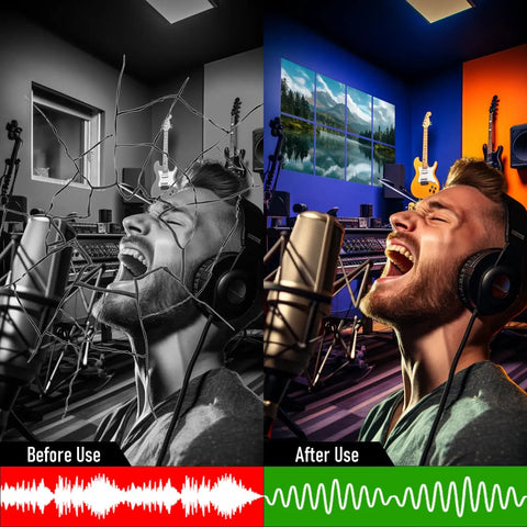 Decorative Acoustic Wall Panels With Heavy Duty Adhesive Peel And Stick Sound Proof Foam Tiles For No Sweat Noise Dampening breezy setup showcased in before and after images.