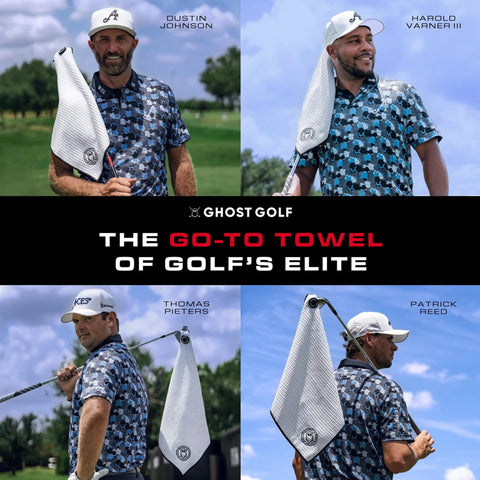 Golfers on course using Ghost Golf Towels with white waffle weave pattern, showcasing its attachment to clubs and ease of use.