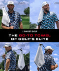 Game Changing Magnetic Microfiber Golf Towel That Snaps Onto Carts Or Wedges For Quick Drying And Divot Fixes While You Crush Drives On The Fairways In Midnight Blue displayed by elite golfers on the course.