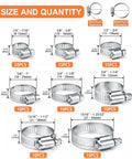 100-piece stainless steel hose clamp set with worm-gear clamps, 6–44 mm range, for plumbing and automotive use