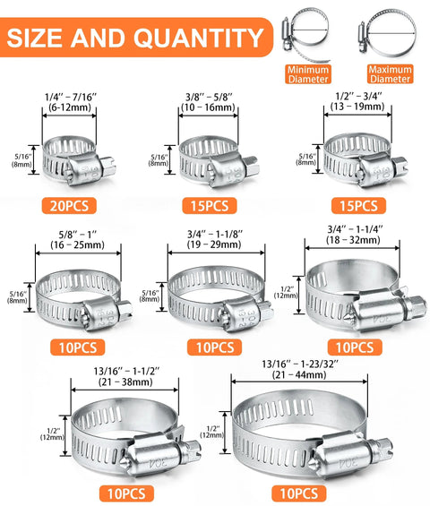 100-piece stainless steel hose clamp set with worm-gear clamps, 6–44 mm range, for plumbing and automotive use