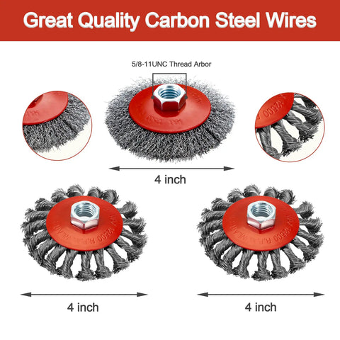 Four And A Half Inch Angle Grinder Wire Wheel Set With Four Inch And Three Inch Knotted And Crimped Wheels Cup Brushes, Carbon Steel