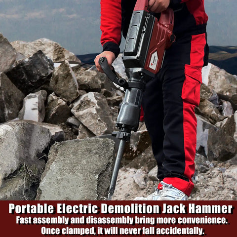 Person using the 1900W Demolition Electric Jack Hammer Heavy Duty Concrete Breaker With Flat Chisel on a rocky surface.