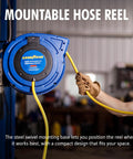 Professional Grade Retractable Air Hose Reel Featuring 3/8 Inch By 50 Foot Hybrid Polymer Tubing With 300 Psi Pressure Capacity and Kickass Swivel Joint For Daily Shop Duties mounted on a wall with a yellow hose being pulled.
