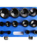Beefy 13 Piece 1/2 Inch Drive Socket Set With Internal Teeth For Grooved Locknuts in blue case, various sizes visible
