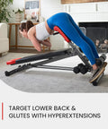 Woman using All In One Adjustable Weight Bench For Full Body Home Gym Workouts With Bench Press Back Extension Roman Chair Sit Ups.